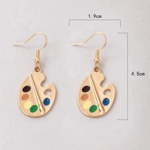 Artist Paint Palette Earrings Gold Tone Dangle Drop Earrings - Picture 3 of 6